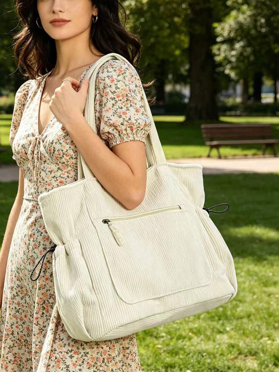 Solid Color Corduroy Tote Bag, Large Capacity, Fashionable Spring/Summer Style, Suitable For Students, Work, Campus, Minimalist & Versatile