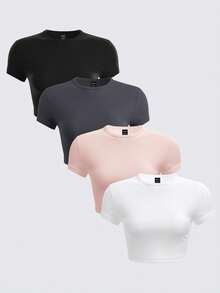 BASICS Set de 4 camisetas cortas de manga corta, ajustadas, con cuello redondo y de un solo color, de punto, para mujer - Rosa Pálido - Ver 1