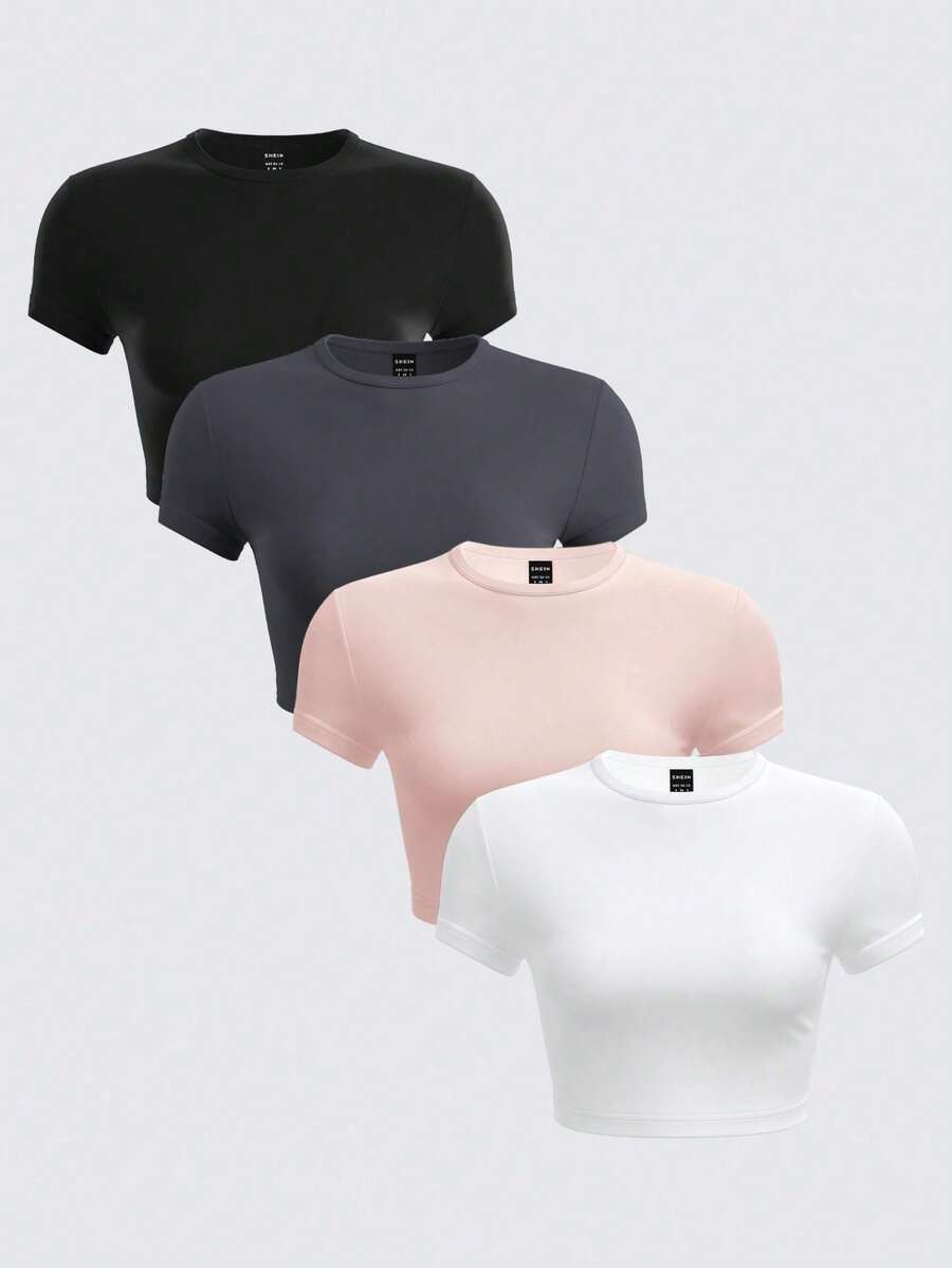 BASICS Set de 4 camisetas cortas de manga corta, ajustadas, con cuello redondo y de un solo color, de punto, para mujer - Rosa Pálido - Ver 1