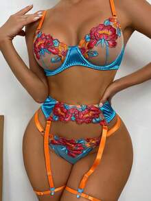 Women Floral Embroidery Mesh Lingerie Set (Random Pattern) - Blue - View 7