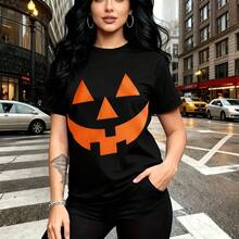 Camiseta de mujer con estampado de calabaza naranja brillante estilo Halloween - camiseta casual de manga corta con cuello redondo, ajuste cómodo y moderno, perfecta para el clima fresco de la ciudad - ideal para fiestas de Halloween, salidas urbanas - Negro - Ver 9