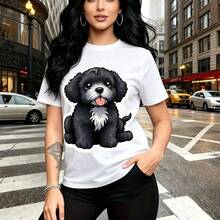 Camiseta de mujer con estampado de perro negro esponjoso caricatura con lengua fuera y contorno blanco - camiseta casual de cuello redondo, ajuste cómodo y estilo urbano vibrante - ideal para paseos por la ciudad, salidas casuales y regalo perfecto p - Blanco - Ver 7