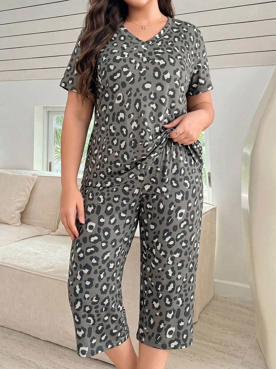 2件組女款豹紋長袖睡衣套裝，休閒家居服 - 黑色 - 查看 1