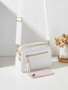 Fashionable Quilted Diamond Pattern Multi-Layer Crossbody Shoulder Bag For Women With Hanging Strap - White - View 4