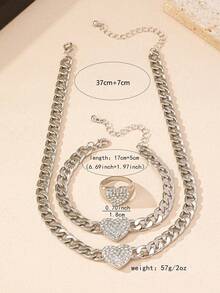 3pcs Fashionable & Elegant Metal Heart Pendant Inlaid With Rhinestones, Suitable For Women's Daily, Party, Holiday Outfits, Necklace, Bracelet, Ring Set - Silver - View 4