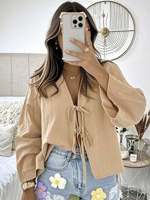 Blusa de manga larga con lazo al frente de color rojo para mujer, primavera - Caqui - Ver 1