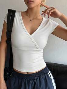 ajustada de manga corta y cuello cuadrado de unicolor para mujer, uso casual diario, tops cortos para mujer, tops lindos - Blanco 14 - Ver 1