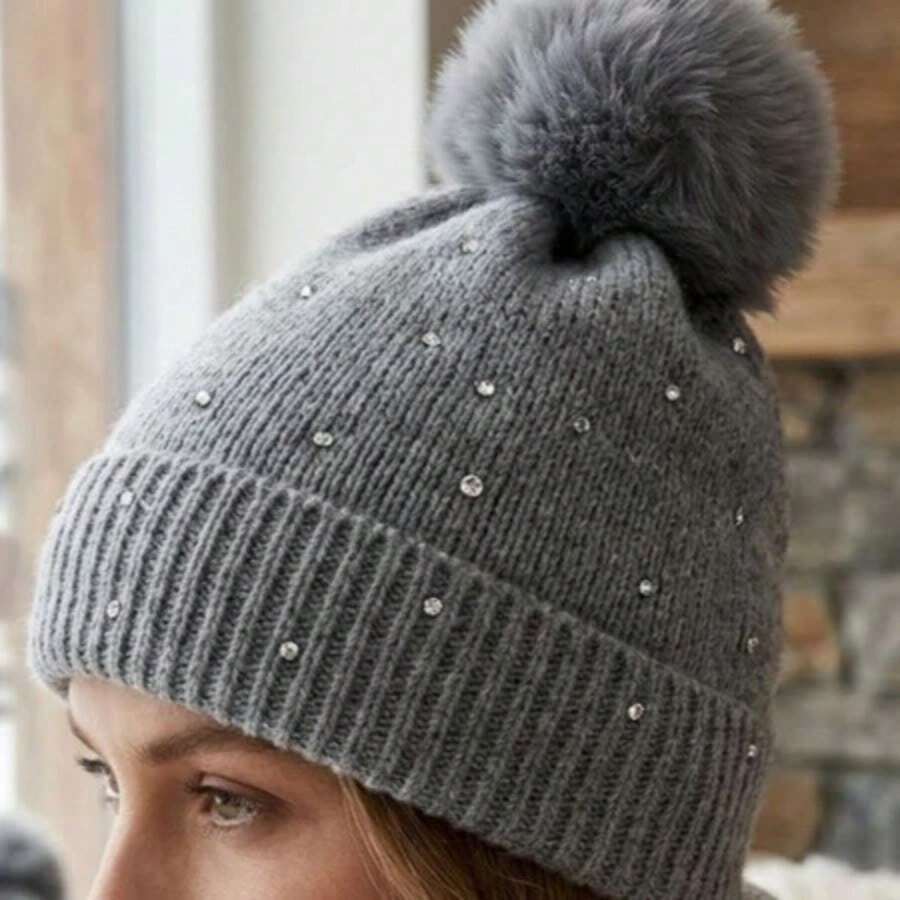 Women's Winter Thermal Hat With Glitter, Hypoallergenic, Lined With A Cute And Stylish Pom-Pom, Warm And Stylish. - MYA-41 cinza c/ pedrinhas - 查看 1