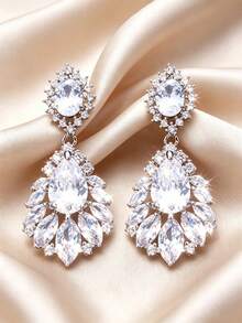1 Đôi bông tai dáng giọt nước đính đá Cubic Zirconia thanh lịch, thiết kế sang trọng tinh tế, phù hợp cho phụ nữ dự tiệc và đám cưới. - Bạc - Xem 1