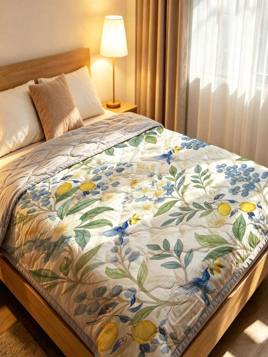 1件春夏季鳥類檸檬葉圖案夏被，柔軟床上用品套裝，適用於畢業/度假/生日裝飾/返校裝飾，適用於房間裝飾、家居裝飾、臥室裝飾、宿舍裝飾及父親節禮物 - 彩色 - 查看 1