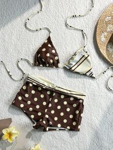 Women's Polka Dot & Striped Reversible Bikini Swimwear, Suitable For Dates, Afternoon Tea, Vacations, Music Festivals, Outings, Spring/Summer Beach - Brown - View 2