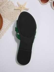 Women's Summer New Cross Strap Sandals Slippers, Black Flat Slides, Versatile Commuter Round Toe Sandals - Green - View 3