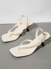 Women's French Style Kitten Heel Thong Sandals, Square Toe Backstrap Low Heel Flip Flops, Elegant Summer Formal Sandals - Off White - View 9