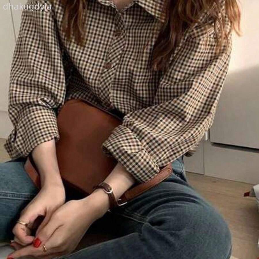 Camisa clásica a cuadros para mujer, con cuello, mangas de hombro caído y detalles de botones, ajuste regular para vacaciones de primavera - Café integral - Ver 1