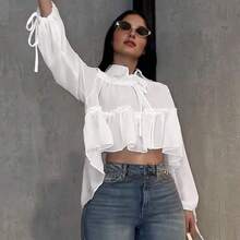 WNS Camisa elegante y casual para mujer, diseño asimétrico, manga farol con lazo en el cuello, tela tejida de unicolor con bajo plisado, elegante para uso diario, citas, vacaciones, primavera/verano en color blanco - Marrón - Ver 8