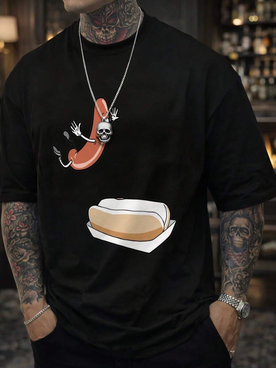 Camiseta para hombre con estampado de dibujos animados de perrito caliente y pan, camiseta de diseño novedoso para hombre, de manga corta y a la moda, cómoda y versátil para el verano.