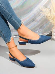 Giày sandal quai sau bằng vải màu xanh dương dành cho nữ, kiểu dáng Mary Jane mũi nhọn, gót thấp, viền hoa. - Màu xanh lam - Xem 4