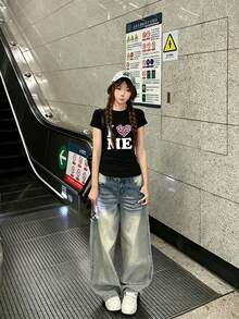 女款心形字母印花修身短袖T恤，夏季美式品牌獨特上衣，休閒黑色 - 黑色 - 查看 3