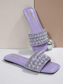 1 Pair Plus Size Elegant Ivory Metallic Cross Beaded Pearl Slippers, Comfortable Versatile Outdoor/Indoor Flat Sandals With Rhinestones And Pearls For Daily Wear, Suitable For Parties, Vacation, Beach - Purple - View 7