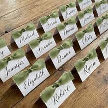 50pcs Green Ribbon Bow Blank Folded Table Cards, Hand-Tied Chiffon Ribbon, Suitable For Wedding, Bridal Shower, Engagement Party, Valentine's Day, Dinner Table, Banquet, Place Cards - View 2
