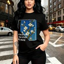 Camiseta de mujer con estampado artístico del cuadro "Flores de Almendro" de Vincent van Gogh y texto conmemorativo - diseño moderno con marco cuadrado, ajuste casual y cómodo para el clima cálido mexicano - ideal para paseos urbanos, citas romántica - Negro - Ver 1