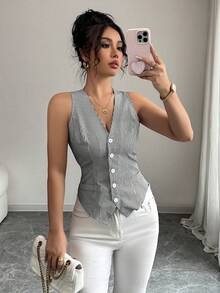 Chaleco ajustado de mujer con estampado de rayas, de un solo pecho, adecuado para uso diario y para ir al trabajo, verano - Negro - Ver 1