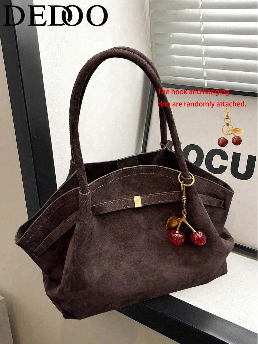 Dedoo 1 buah Tas Tote FEISTURE Kulit Imitasi Suede (Dengan Aksesoris), Tas Tangan Wanita Elegan Dewasa Warna Solid Kapasitas Besar, Tas Komuter Gaya Retro