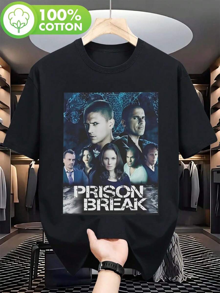 1PC New Y2K Vintage Streetwear Graphic Tee Prison Break Michael Scofield Graphic Tee - Black TV Show Shirt With Prison Break Design, Heavyweight 100% - Black - View 1