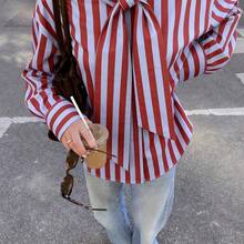 ZAHM Camisa de mujer de manga larga con cuello a rayas verticales, manga holgada con puño, estilo casual de negocios, escuela y viajes, color rojo - Amarillo - Ver 8