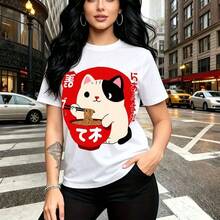 Camiseta de mujer con estampado de gato blanco con parche negro y oreja negra comiendo fideos en círculo rojo estilo bandera japonesa con caracteres - camiseta casual de manga corta, ajuste cómodo y moderno, estilo urbano y artístico - ideal para pas - Blanco - Ver 11