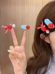 4pcs/Set Cute Tomato & Button Decor Hair Clip Set, Women's Sweet Plaid Bow Alligator Hair Clips, Daily Casual Bangs Clips, Girls Hair Accessories,Claw Clips - Multicolor - View 3