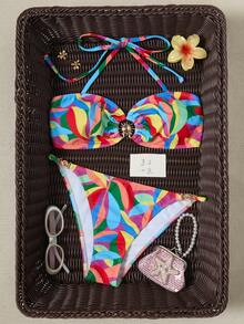 Women's New Sexy Halter Neck Tie Low Waist Printed Bikini Set Summer Style Vacation - Red - View 1