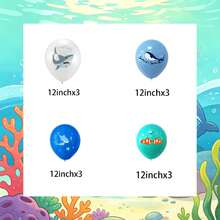 1套海洋動物主題生日氣球組，包含藍色與綠色乳膠氣球，印有鯊魚、鯨魚與小丑魚圖案，適用於兒童海洋主題生日派對裝飾、室內趣味生日派對布置、水下世界風格主題派對裝飾，輕鬆營造深海夢幻童年派對氛圍，為孩子的生日增添活潑可愛的海洋氣息 - 查看 2