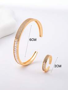 Japanese Style Elegant Square Rhinestone Open Bangle & Ring Set, Minimalist Timeless Design, Daily Wear & Travel Decorative Jewelry - Japanese Minimalist Style - View 4