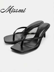 Summer Metal Decor Strap High Heel Sandals, Minimalist Resort Style Thin Heel Mule Shoes,Flip Flops - Black - View 2