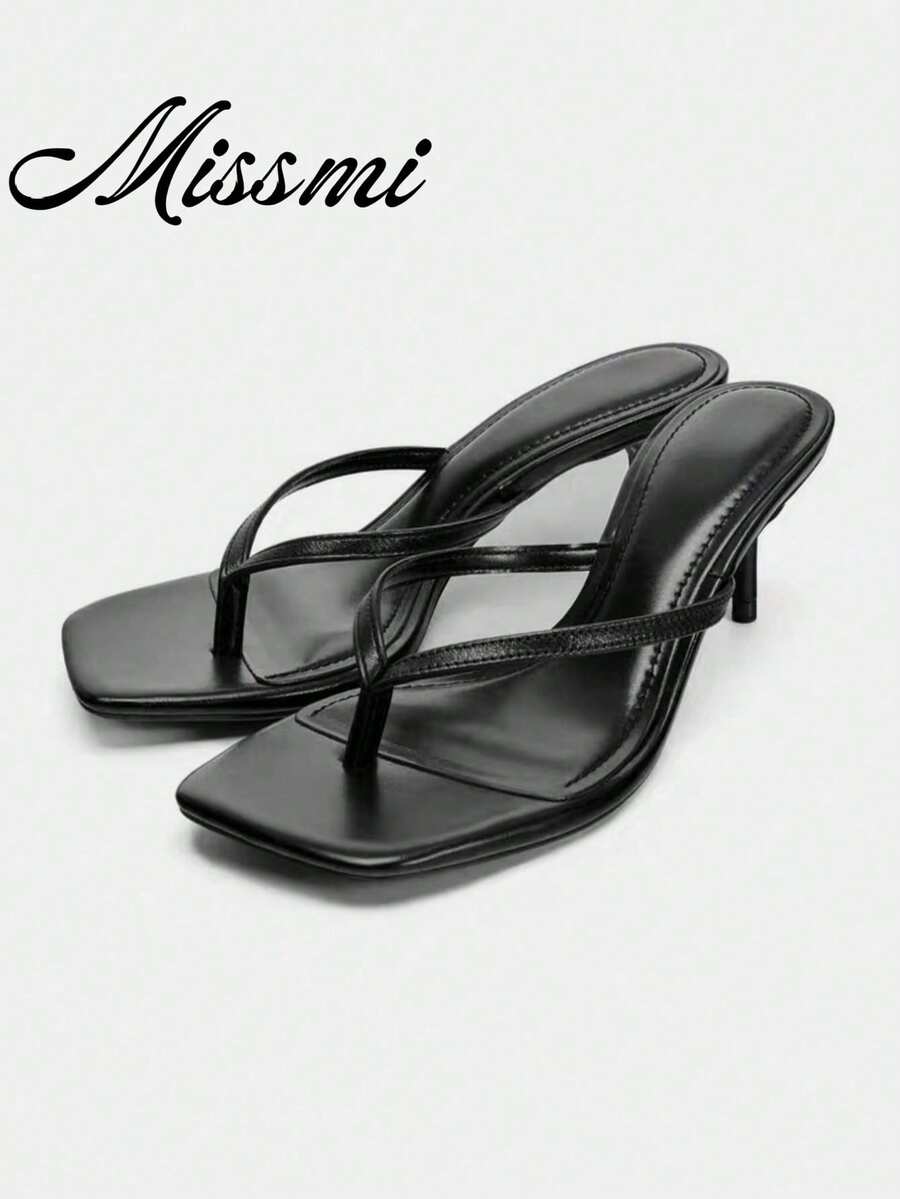 Summer Metal Decor Strap High Heel Sandals, Minimalist Resort Style Thin Heel Mule Shoes,Flip Flops