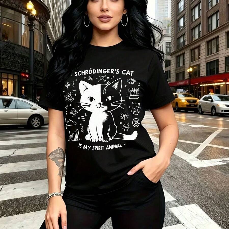 Camiseta de mujer con estampado de gato de Schrödinger y frases científicas "es mi animal espiritual" - diseño urbano con átomos y ecuaciones, ajuste cómodo y fresco para el clima cálido - ideal para paseos por la ciudad, eventos de ciencia o como re - Negro - Ver 1