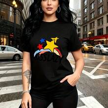 Camiseta de mujer con estampado moderno de tres estrellas multicolores y arcoíris con texto "MISSLAZY" - diseño urbano y casual de cuello redondo, ajuste cómodo y fresco para el clima caluroso - ideal para paseos por la ciudad, salidas diarias y rega - Negro - Ver 7