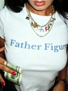 Father Figure Tee Y2k Aesthetic Tee Y2k Tee Funny Slogan  Tee Y2k Crop Top 2000s Fashion Top 90s Era Tee-Loose-Fit Easy Relaxed Style, - 白色 - 查看 1