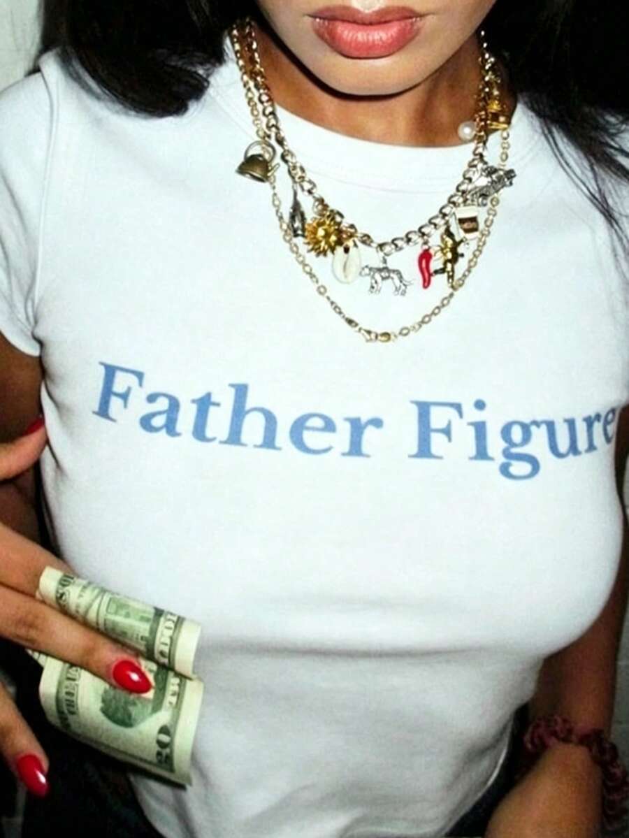 Father Figure Tee Y2k Aesthetic Tee Y2k Tee Funny Slogan Tee Y2k Crop Top 2000s Fashion Top 90s Era Tee-Loose-Fit Easy Relaxed Style, - 白色 - 查看 1