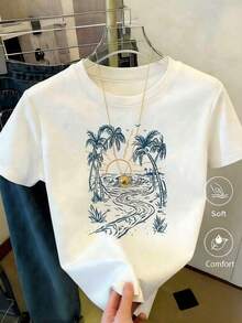 Camiseta con estampado de camisa casual para mujer, manga corta y cuello redondo, moda urbana local de primavera/verano. - Multicolor - Ver 6