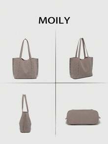 Black Large Capacity Commuter Women's Tote Bag, Fashionable Shoulder Bag With Multiple Rivet Niche Elements, Elegant Suede Design Handbag With Better Texture, Suitable For Dating, Daily Use, Shopping - Grey - View 7