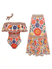 Swim Conjunto elegante de mujer con blusa vintage de hombros descubiertos con tirantes desmontables + falda plisada de malla estampada a juego, para primavera/verano - Multicolor 2 - Ver 1