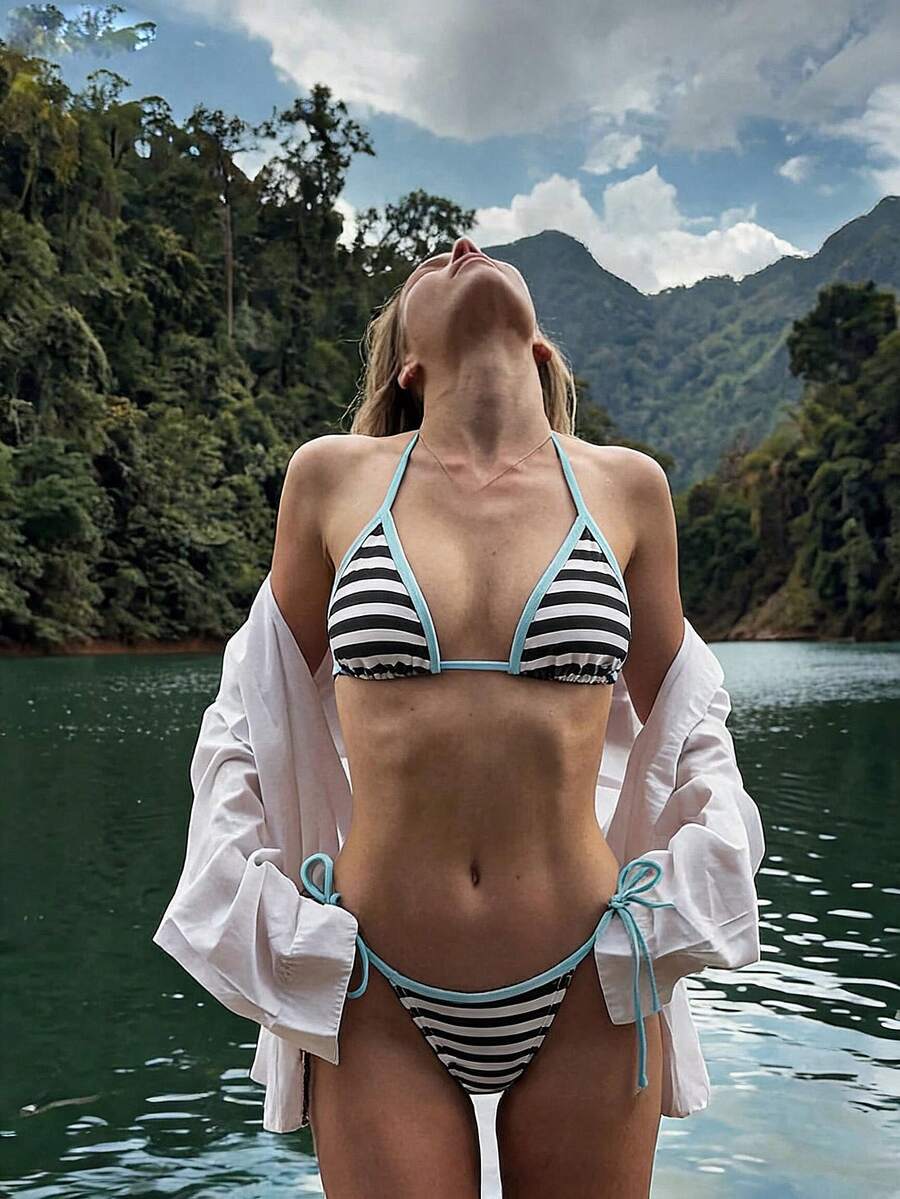 2件組女款條紋比基尼套裝，三角上衣搭配繫帶泳褲，淺藍色滾邊，可愛夏季海灘泳裝度假款 - 彩色 - 查看 1
