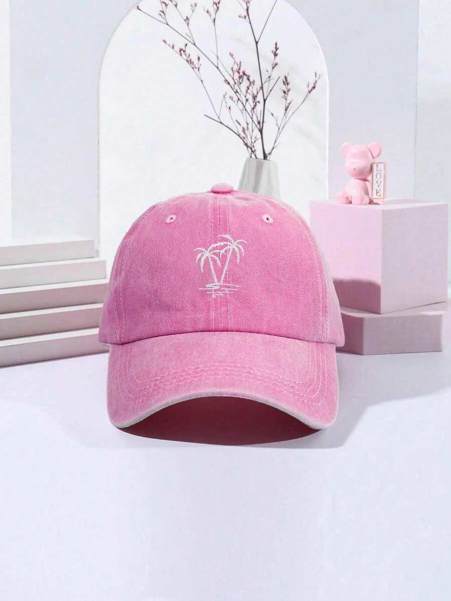 1件中性Y2K風格刺繡棕櫚樹水洗棒球帽,可調節尺寸適合所有人佩戴,戶外運動防曬,日常穿搭 - 粉色 - 查看 1