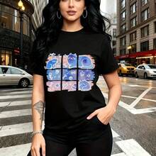 Camiseta de mujer con estampado de nueve gatos estilizados en paneles coloridos azul, morado y rosa - camiseta casual de cuello redondo, ajuste cómodo y moderno, estilo urbano y divertido para la ciudad - ideal para paseos por la ciudad, salidas casu - Negro - Ver 8