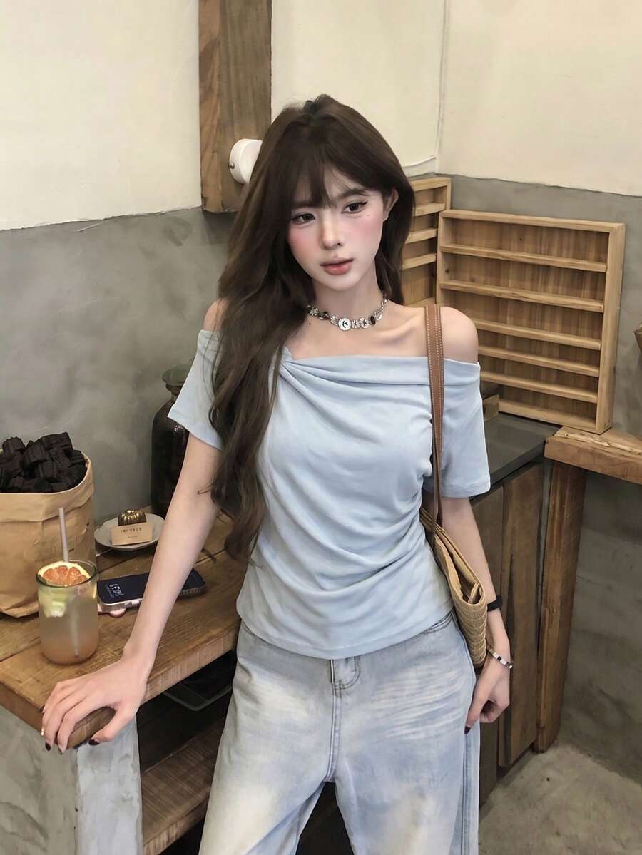 小巧香港風結飾不對稱甜美百褶修身短袖T恤休閒款 - 藍色 - 查看 1