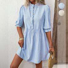 2025 Retro Sweet Style Puff Sleeve Stand Collar Striped Dress For Women Summer - Màu xanh lam - Xem 2