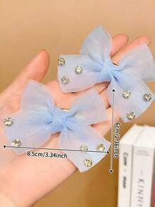 2pcs Girls Multicolor Faux Pearl Bow Hair Clips - Blue and White - View 6