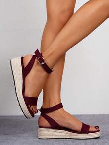 Sandal đế xuồng độn nữ, sandal nữ, giày nữ, sandal đế độn, dây thừng rơm, dép xỏ ngón, phù hợp mặc quanh năm, đi du lịch, tiệc tùng, thường ngày, đi biển - Màu Đỏ Sâu - Xem 6